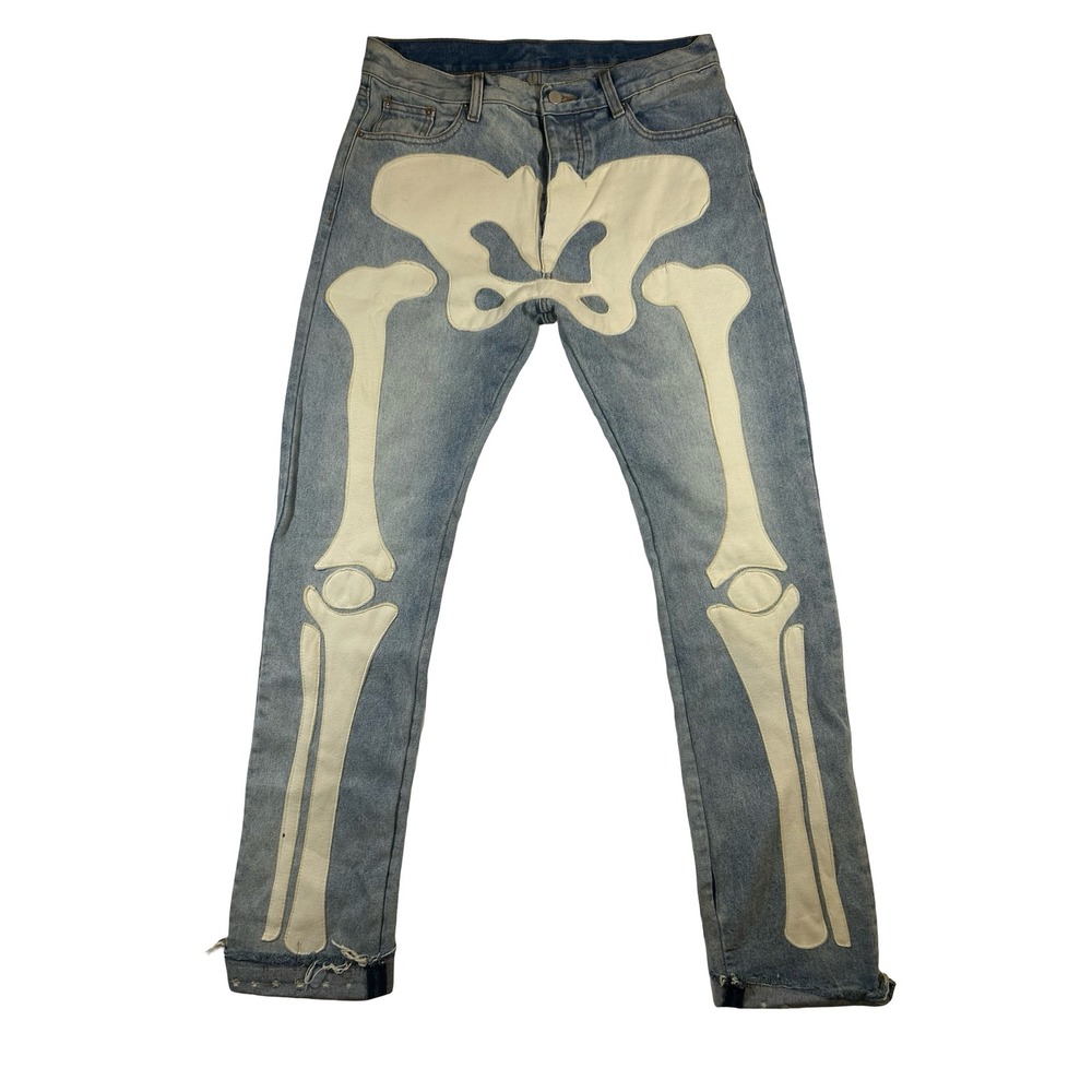 MNML Skeleton Bone Applique Light Wash Slim Denim Jeans Blue Mens 33 Distressed